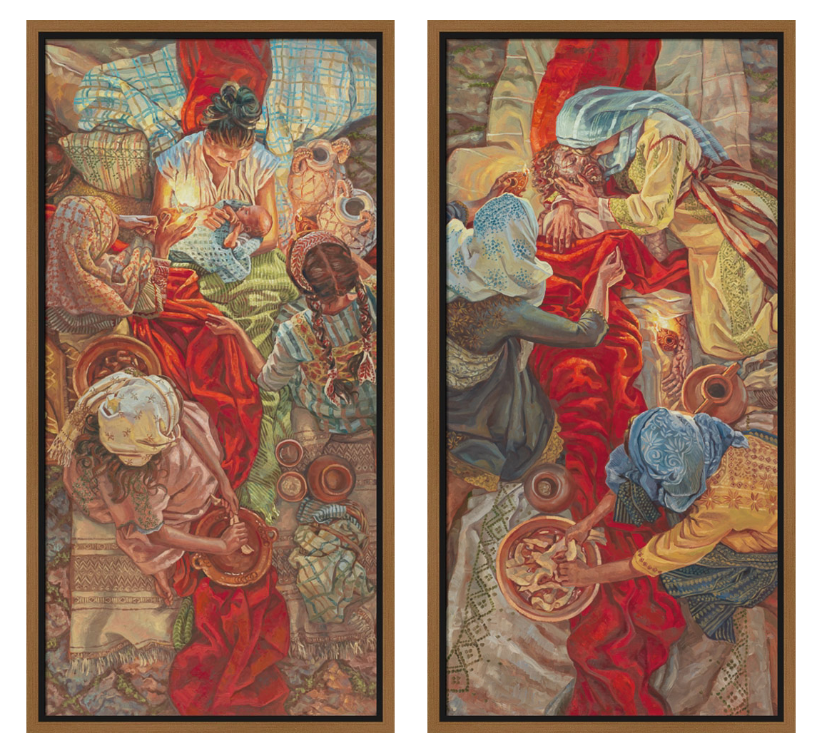 Two framed tapestry panels depicting historical or classical scenes with people and activities.