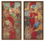 Two framed tapestry panels depicting historical or classical scenes with people and activities.