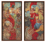Two framed tapestry panels depicting historical or classical scenes with people and activities.