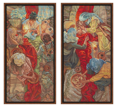 Two framed tapestry panels depicting historical or classical scenes with people and activities.
