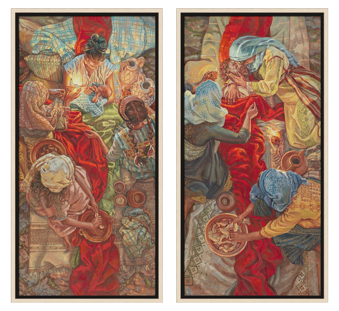 Two tapestry panels depicting historical or classical scenes with people and activities.