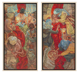 Two tapestry panels depicting historical or classical scenes with people and activities.