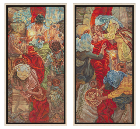 Two tapestry panels depicting historical or classical scenes with people and activities.
