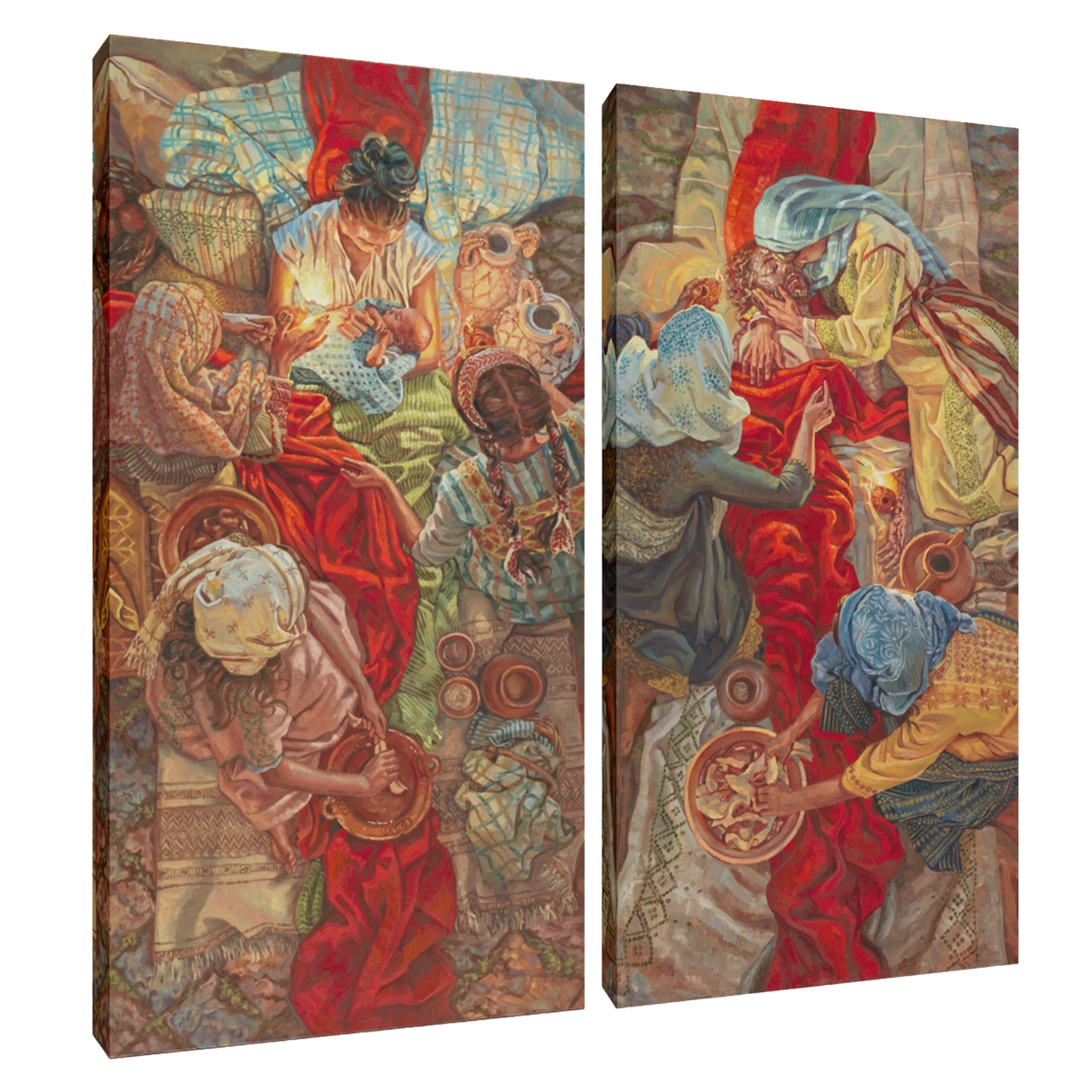 Two canvas prints with detailed artwork of people in a historical or fantasy setting.