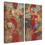 Two canvas prints with detailed artwork of people in a historical or fantasy setting.