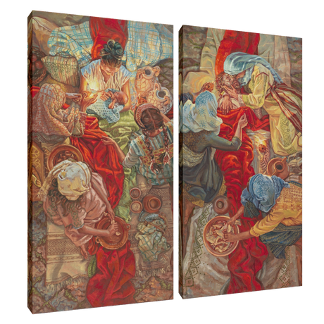 Two canvas prints with detailed artwork of people in a historical or fantasy setting.