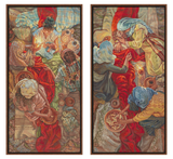 Two tapestry panels depicting scenes with people and intricate details.