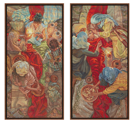 Two tapestry panels depicting scenes with people and intricate details.