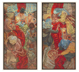 Two framed tapestry panels depicting historical or mythological scenes with figures and intricate details.