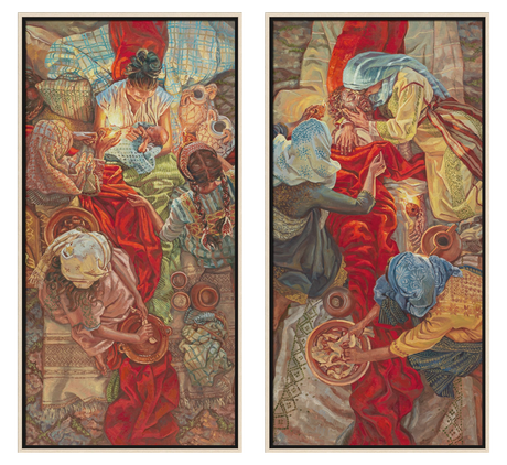 Two framed tapestry panels depicting historical or mythological scenes with figures and intricate details.