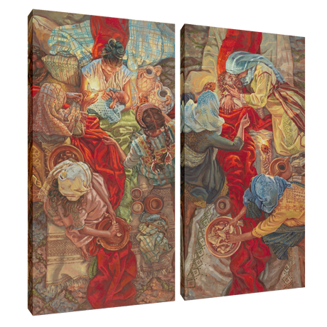 Two canvas prints with detailed artwork of people in a historical or fantasy setting.