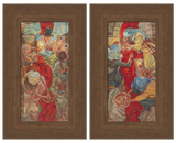 Two framed pieces of tapestry art with intricate designs and vibrant colors.