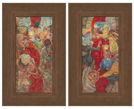 Two framed pieces of tapestry art with intricate designs and vibrant colors.