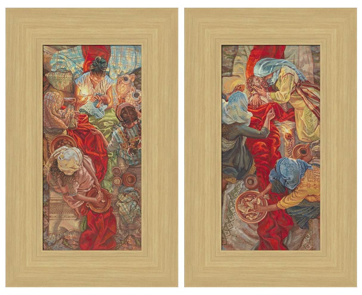 Two framed artworks with colorful figures and patterns on a beige background
