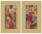 Two framed artworks with colorful figures and patterns on a beige background