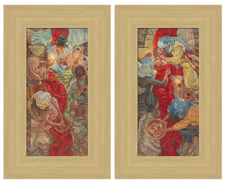 Two framed artworks with colorful figures and patterns on a beige background