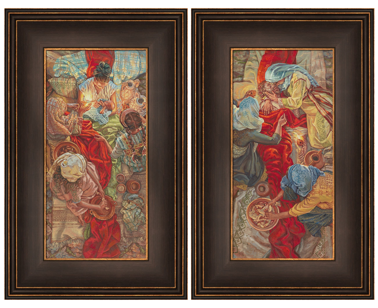 Two framed artworks depicting detailed scenes with figures and intricate backgrounds.