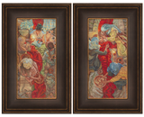 Two framed artworks depicting detailed scenes with figures and intricate backgrounds.