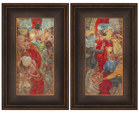 Two framed artworks depicting detailed scenes with figures and intricate backgrounds.