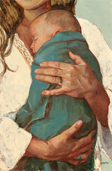 A close-up painting of a mother in a white dress cradling a sleeping newborn against her chest.