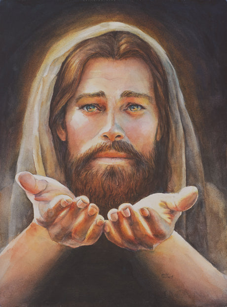 A close portrait of Jesus with long brown hair, a beard, and piercing blue eyes, his hands outstretched and open toward the viewer