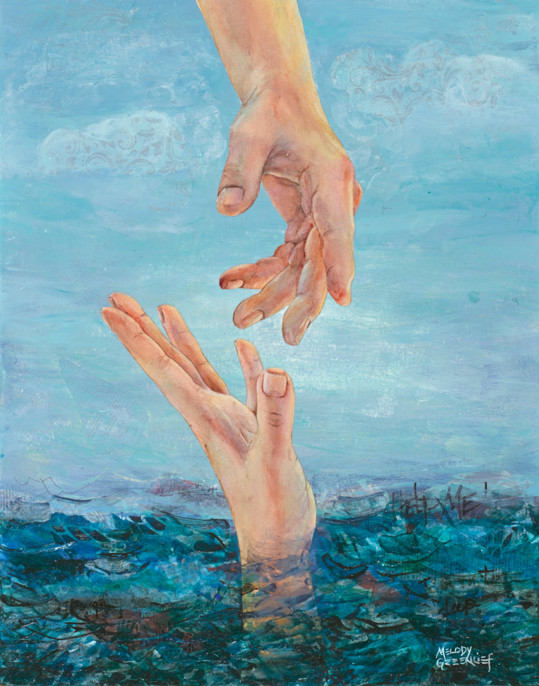 A painting of a hand reaching up from dark churning water toward the outstretched hand of Christ above, depicting Peter sinking on the Sea of Galilee.