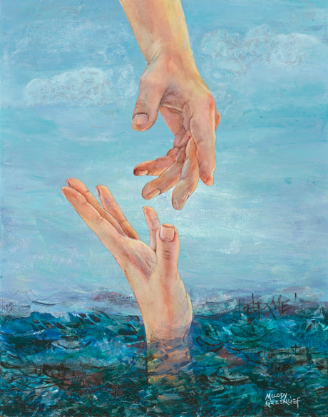 A painting of a hand reaching up from dark churning water toward the outstretched hand of Christ above, depicting Peter sinking on the Sea of Galilee.