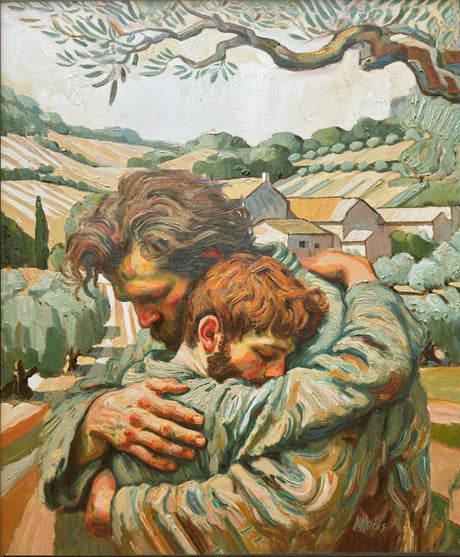 A father embraces his returning prodigal son.