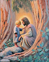 Jesus Christ with a little child surrounded by eucalyptus trees.