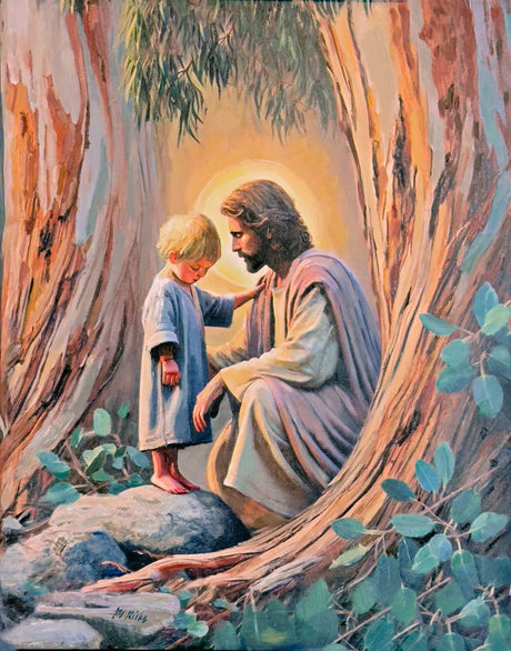 Jesus Christ with a little child surrounded by eucalyptus trees.