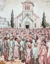 A crowd of diverse people mingle outside a church building.
