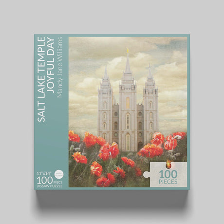 Ornate puzzle box displayed with iconic Mormon temple in the distance, Altus Fine Arts branding.
