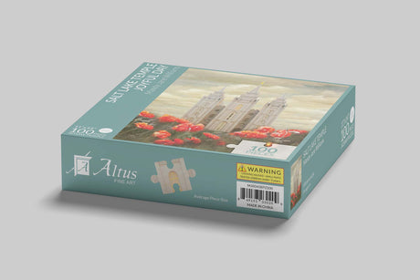 Puzzle box with Mormon temple in background, Altus Fine Arts logo visible.
