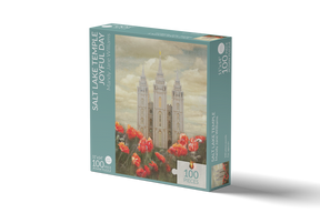 Intricate puzzle box set against the backdrop of the Mormon temple, Altus Fine Arts logo present.