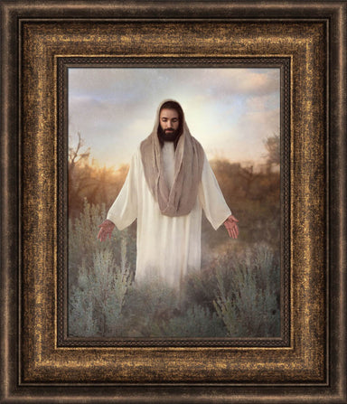 Jesus standing in sage bush with arms stretched out.