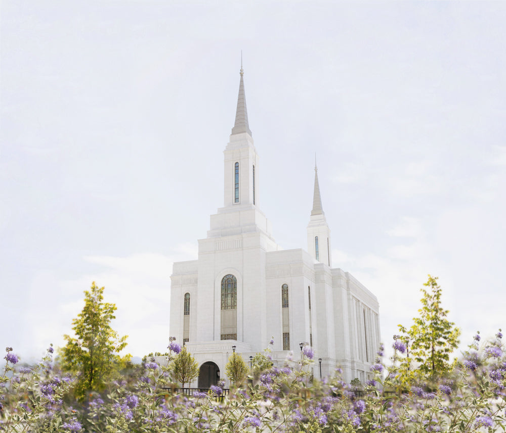 The Lindon Utah Temple with purple flowers.