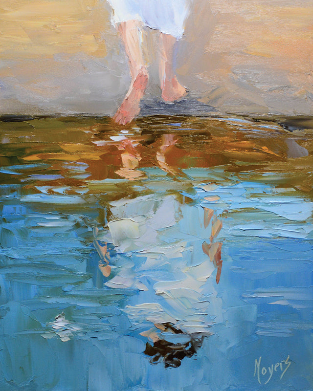 The feet of Jesus Christ and his body reflected in the water.