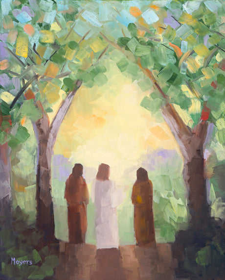 Jesus Christ and two disciples on the road to Emmaus.