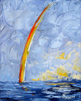 An abstract oil painting of a rainbow breaking through a stormy blue sky over a dark churning sea.