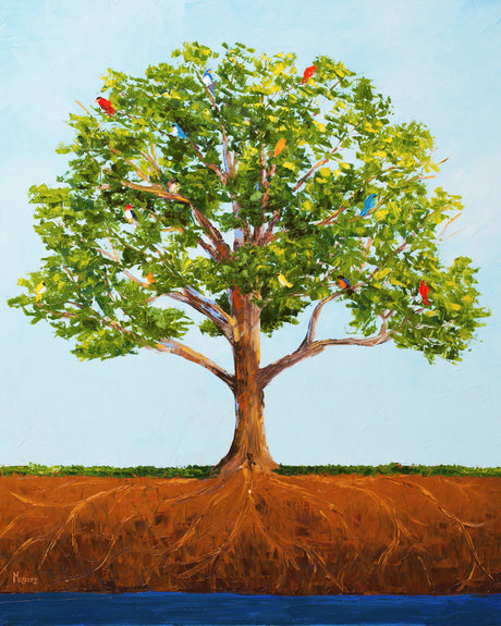 A painting of a mustard tree grown from a tiny seed.