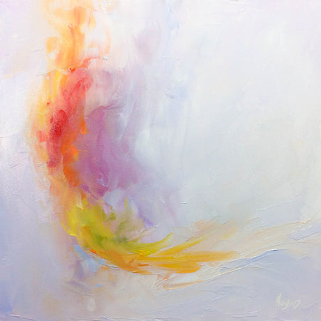 An abstract oil painting of a sweeping arc of vibrant color in red, orange, yellow, and purple curving across a soft white and lavender background
