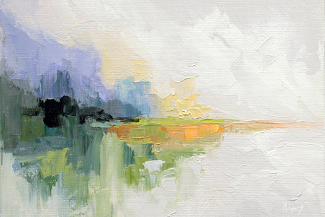 An abstract oil painting of a luminous landscape with loose brushstrokes of green, orange, and purple fading into a pale white sky, evoking the Isaiah scripture "every valley shall be exalted."