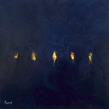 A dark, moody painting of five small glowing flames scattered across a deep navy background, a minimal and symbolic depiction of the parable of the ten bridesmaids.