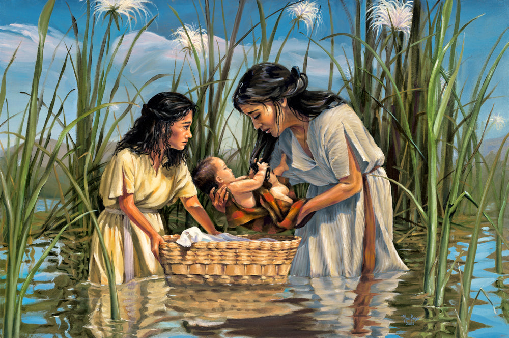 Moses' mother and sister putting baby Moses in a basket.