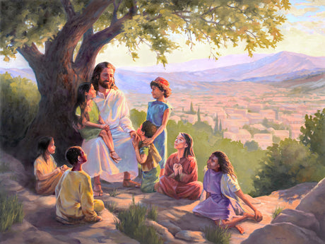 Jesus Christ with children on a hill.