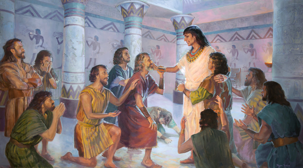 Joseph in Egyptian clothing standing surrounded by eleven of his brothers.