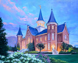 The Provo City Center temple in the evening light.