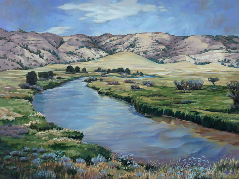 Painting of the sweetwater river cutting through the green landscape.