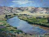 Painting of the sweetwater river cutting through the green landscape.