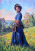 Jane Manning James in a blue dress standing on a hill.